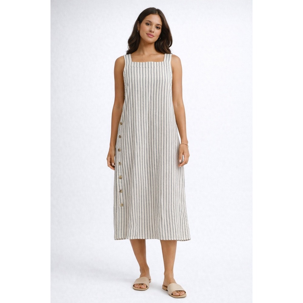 FORCYNTHIA Striped Square Neck Button Side Midi Dress Linen Blend Women's M